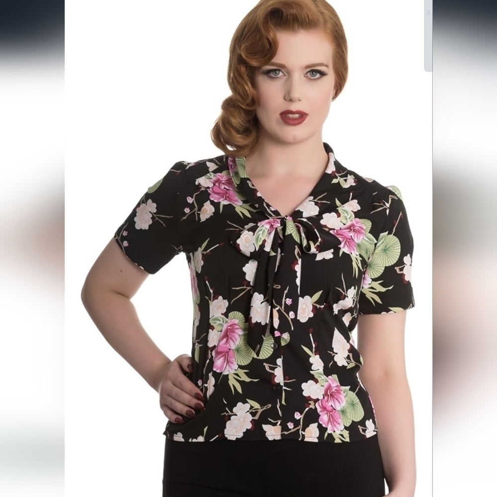 MODCLOTH Hell Bunny Vixen Freya Blouse 4XL Retro Cherry Black floral